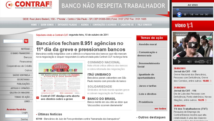 P&aacute;gina da CONTRAF-CUT, segunda-feira 10 de outubro de 2011